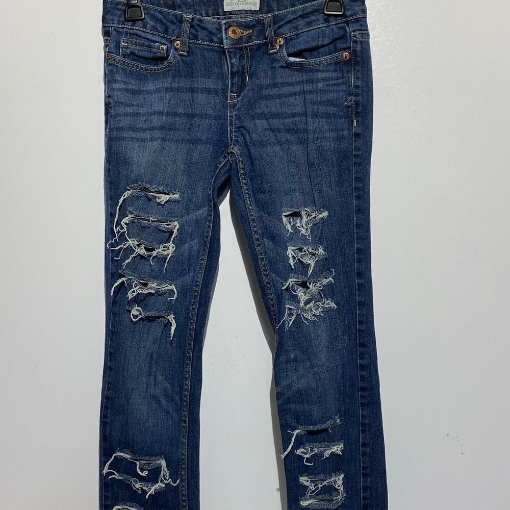 Aeropostale Women's‎ Blue Distressed Whiskering Skinny Jeans Size 0 Long
